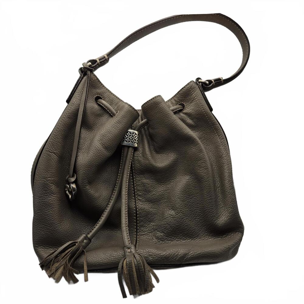 Brighton Gray Pebbled Leather Drawstring Bucket Purse with Shoulder Strap